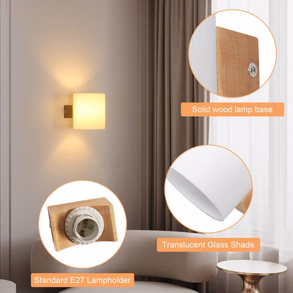COMELY Wooden LED Indoor Wall Lamp with Glass Shade in Walnut and White – 3