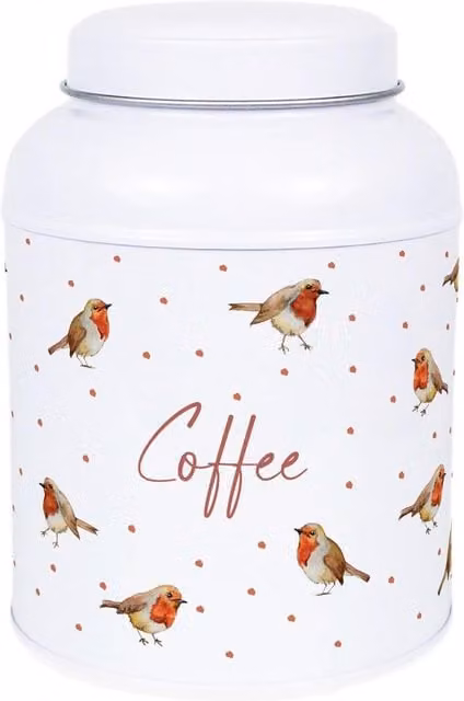 Purely Home English Robins Decaf Canister White Metal Kitchen Storage Tin with Small Dome Lid