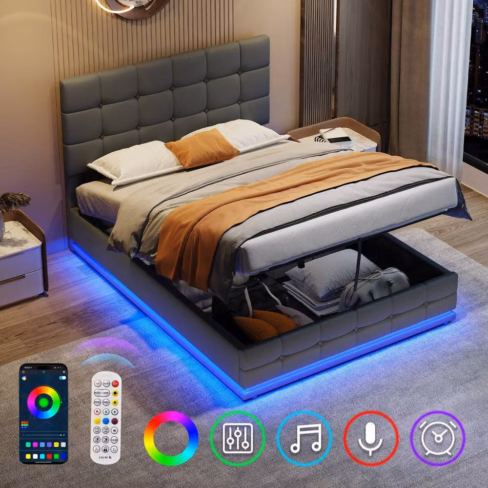 Merax Grey PU Leather Double Ottoman Bed with RGB LED Under-Bed Lighting and Tufted Headboard, W/D/H: 140 x 200 x 137 cm – 2