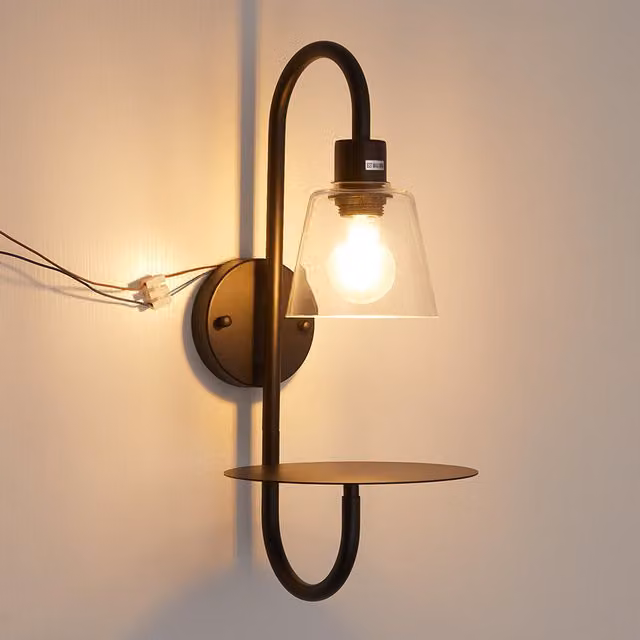 Livingandhome Minimalist Black Wall Light with Transparent Glass Cone Lampshade and Tray