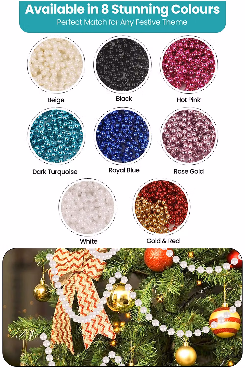 Neel Blue 9m Metallic Christmas Bead Chain, 7.5mm Shiny Pearl Garland in White and Blue – 4