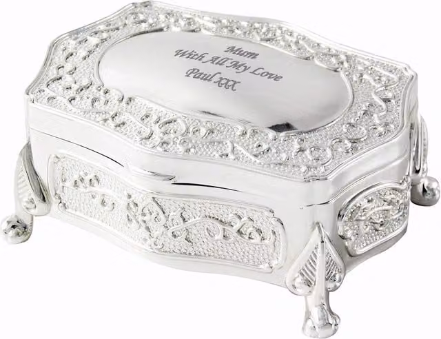 Personalised Memento Company Small Antique Trinket Box in Metallic Silver with Lid