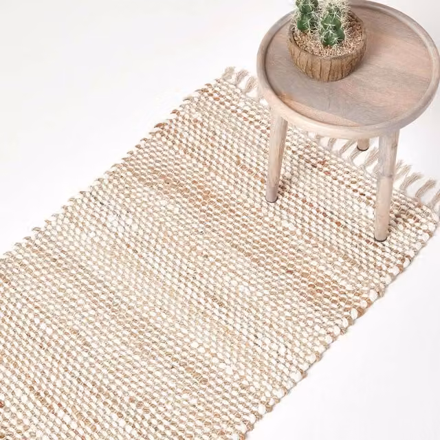 Homescapes Horizon Neutral Herringbone Woven Hemp Chindi Rug in Grey, White and Beige, Width: 200 cm