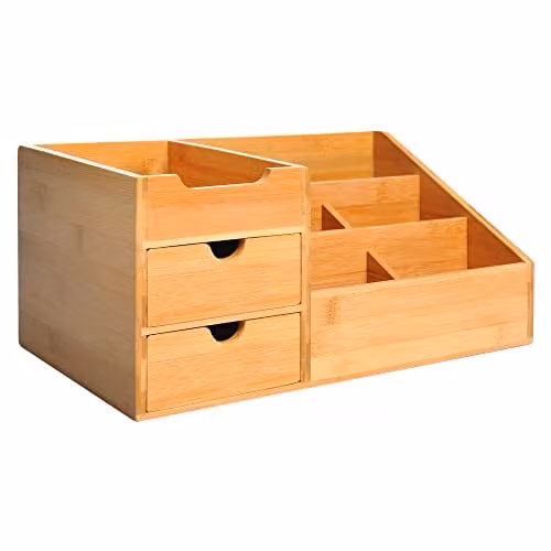 HOMCOM Bamboo Desk Organiser Holder with 7 Storage Compartments and 2 Drawers, Natural Brown – 1