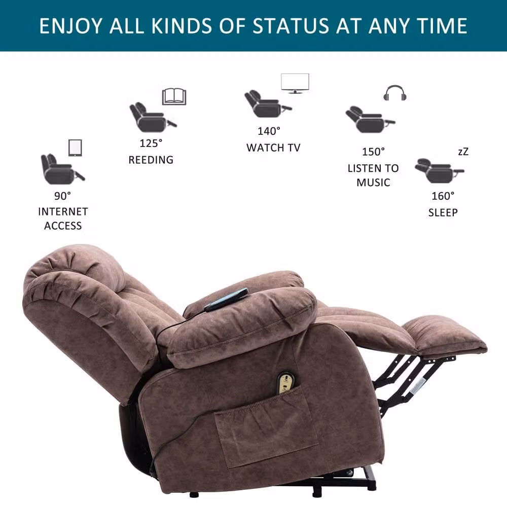 Merax Power Lift Recliner Chair with 8-Point Vibration Massage and Lumbar Heat in Brown Microfibre Fabric – 8