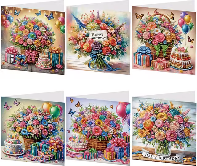 Syntego Pack of 6 Bouquet Birthday Diamond Art Card Kits in Multicolour and Yellow