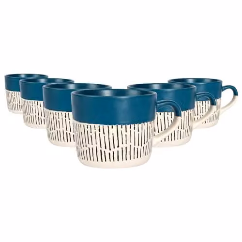 Nicola Spring Dipped Dash Stoneware Coffee Mug Set, 6 x 475ml, Blue and Black