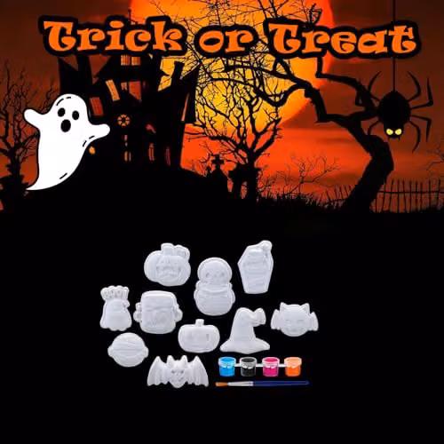 VFM e-Store Halloween Decorations Craft Kit with 10 Designs, 6 Paints and Brush in White – 5