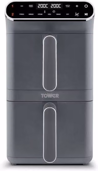 Tower T17190GRP Vortex XL Dual Stack Air Fryer in Grey with Digital Control Panel and Dual Zone Cooking