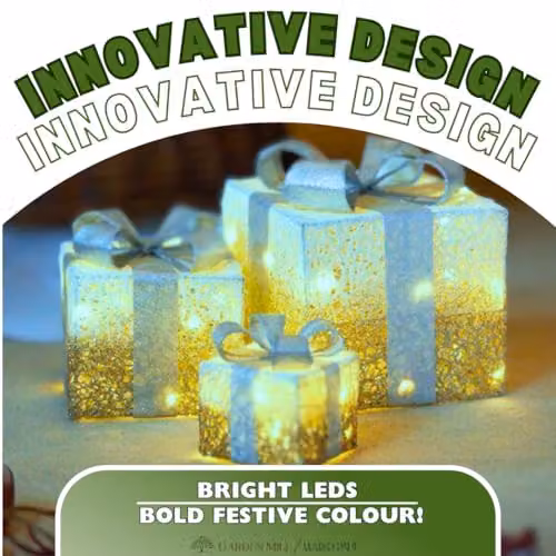 Smart Garden Gold Light Up Sparkly Faux Christmas Gift Box Decorations – 6