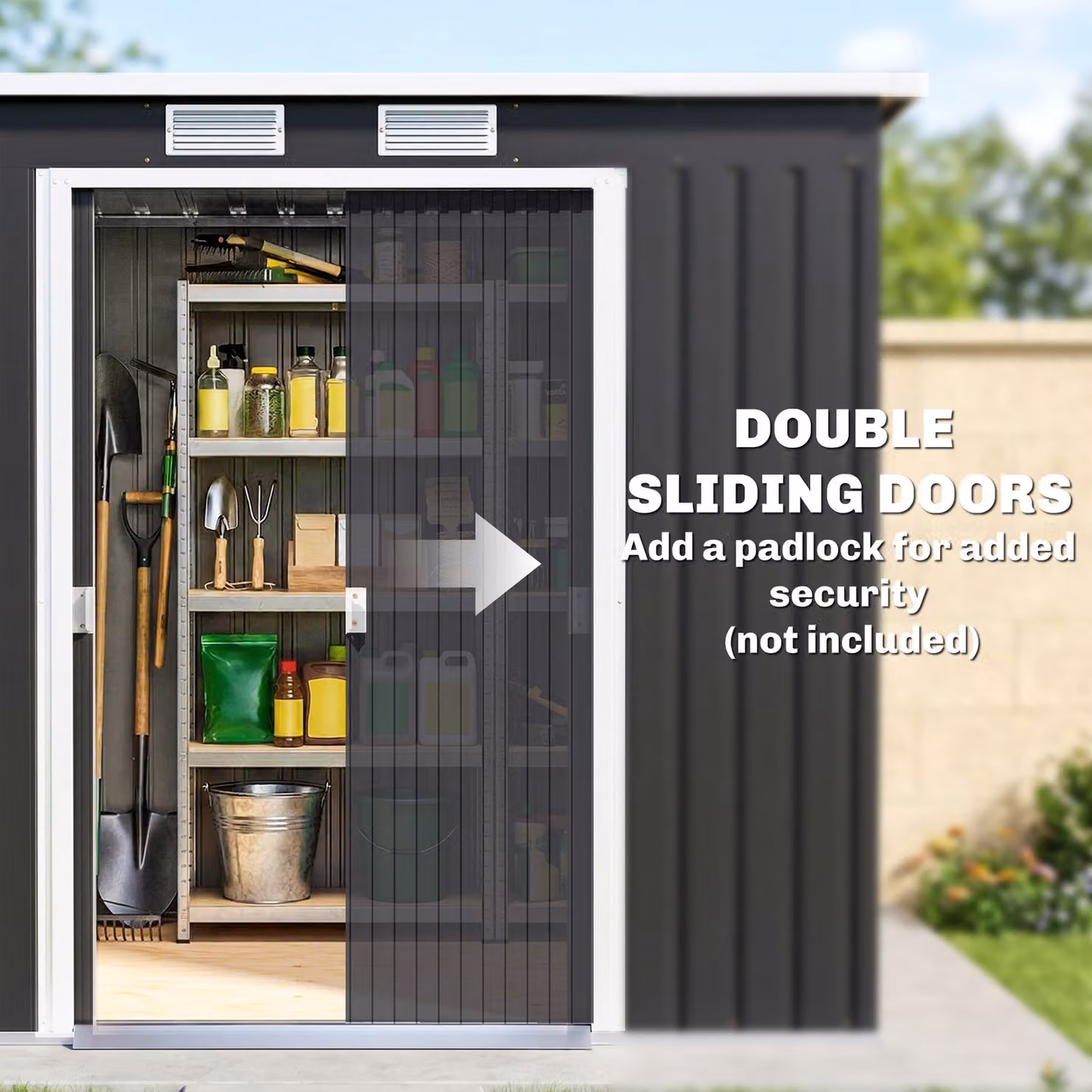 Outsunny Steel Garden Shed with Foundation Kit, Lockable Double Doors and Pent Roof, Dark Grey, W/D/H: 130 x 213 x 173 cm – 5