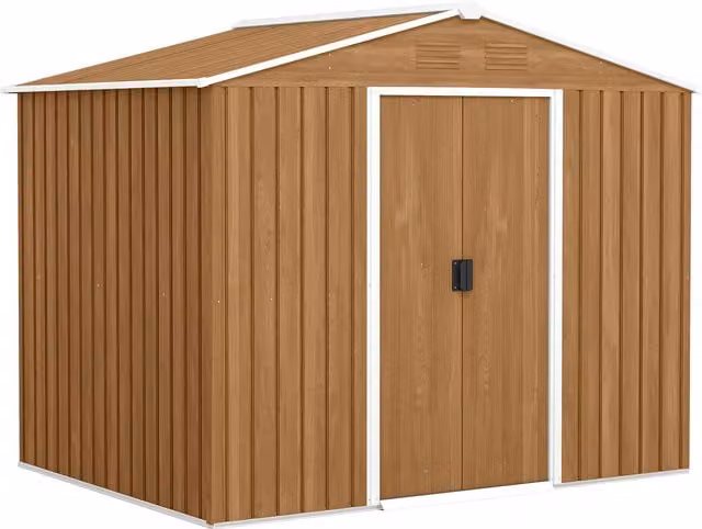Outsunny Brown Galvanised Steel Metal Garden Storage Shed with Sloped Roof and Double Doors, W/D/H: 236 x 182.88 x 161 cm