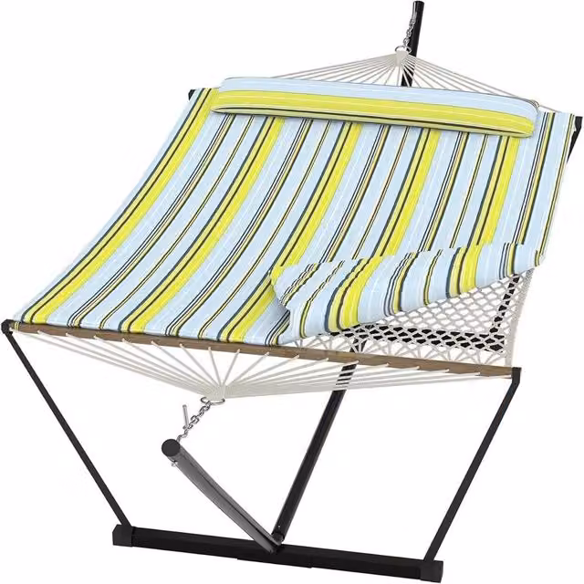 London Boutique Double Hammock with Stand and Cushions in Multicolour Striped Fabric