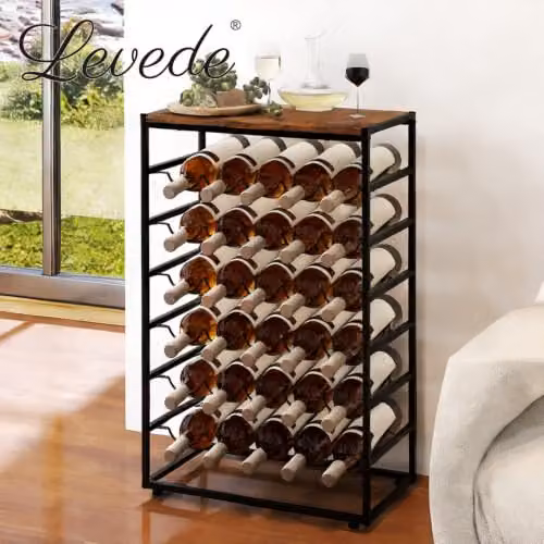 Levede 30 Bottle Metal Freestanding Wine Rack with Wooden Top, 6-Tier Industrial Floor Standing Wine Storage Shelf in Black and Brown, W: 59 cm, D: 30 cm, H: 88 cm – 11