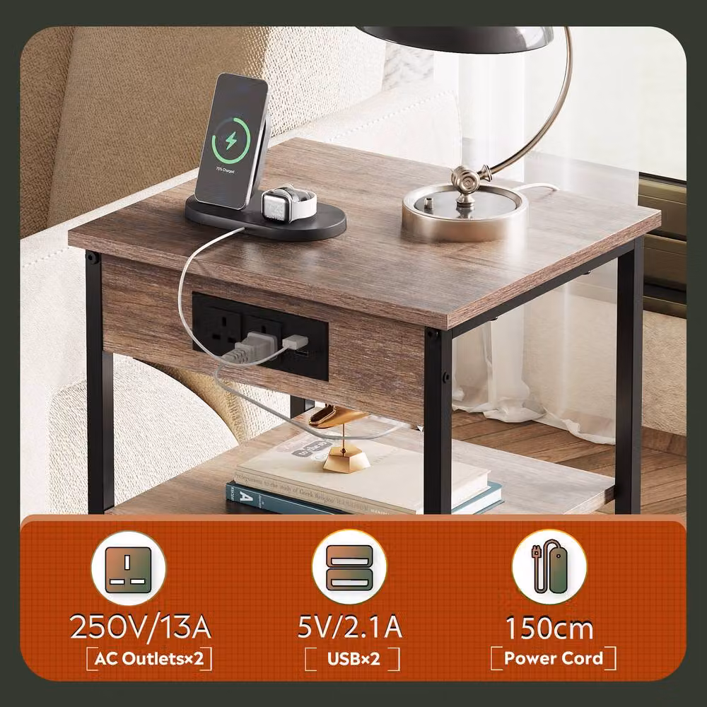 Rolipo 3-Tier Modern Side Table with Charging Station in Brown, W/D/H: 30 x 30 x 58 cm – 5