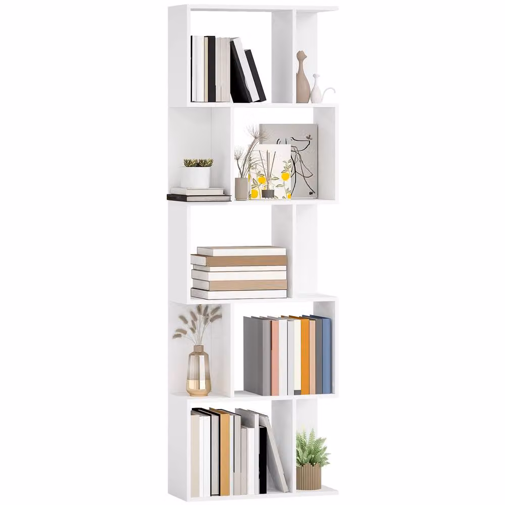 HOMCOM 5-tier S-shaped display shelving and storage bookcase in white – 2