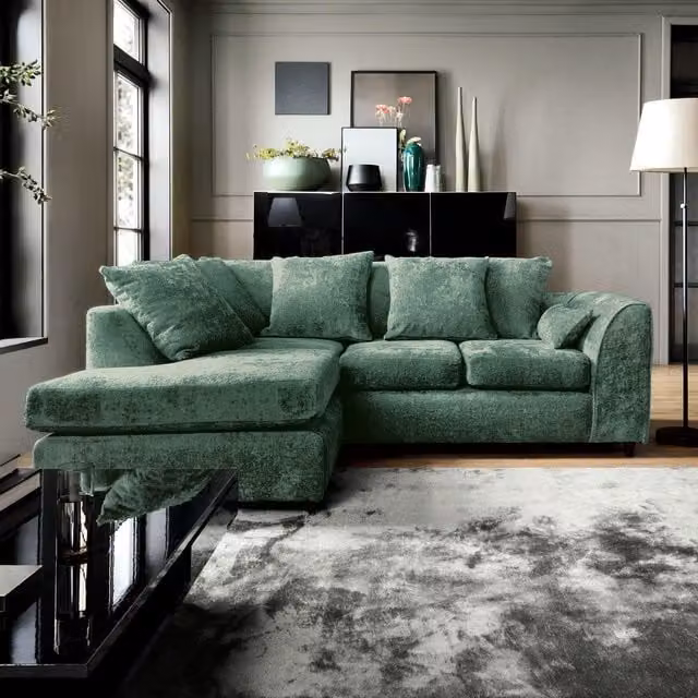 Abakus Direct Harriet Left Facing Corner Sofa in Green Crushed Chenille Fabric – 1