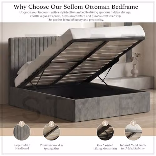 FWStyle Sollom Double Ottoman Lift Up Ribbed Bed Frame in Grey with Nickel Underbed Storage, W/D/H: 112.5 x 154 x 209 cm – 5