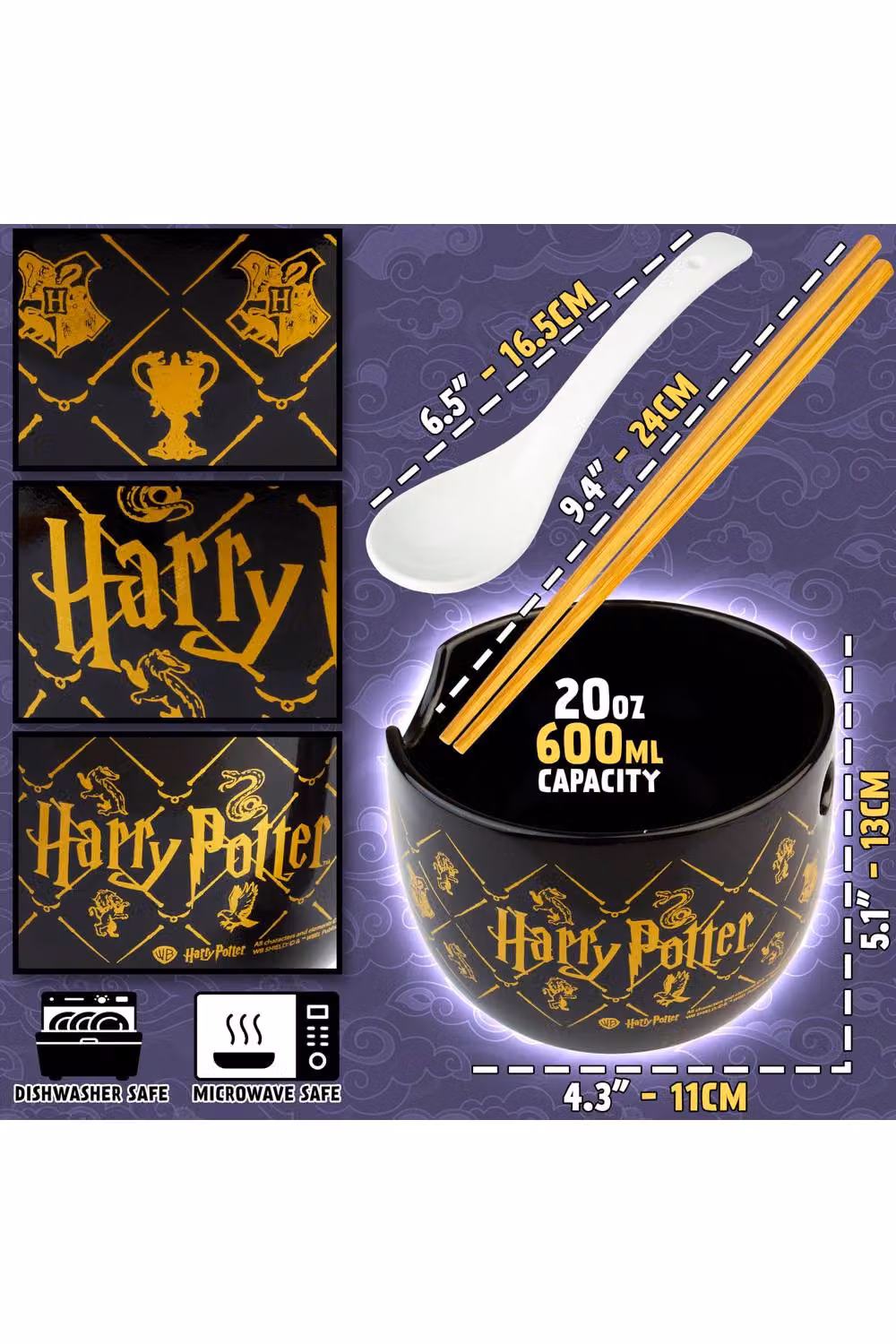 Get Trend Harry Potter Ramen Bowl Set, 600ml Black Ceramic Bowl with Spoon and Bamboo Chopsticks – 6