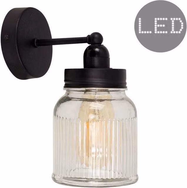 ValueLights Cambourne Black Indoor Wall Lantern with Transparent Ribbed Glass and 4W LED Bulb