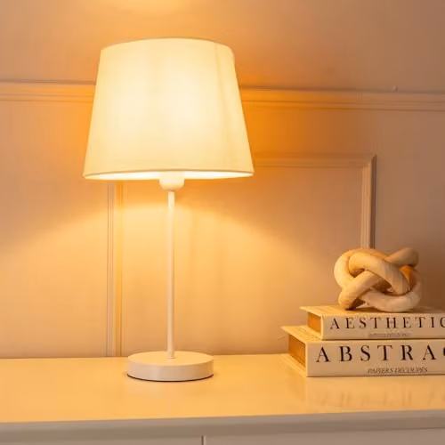 ValueLights Charlie White Metal Single Stem Table Lamp with Beige Fabric Tapered Lampshade – 2