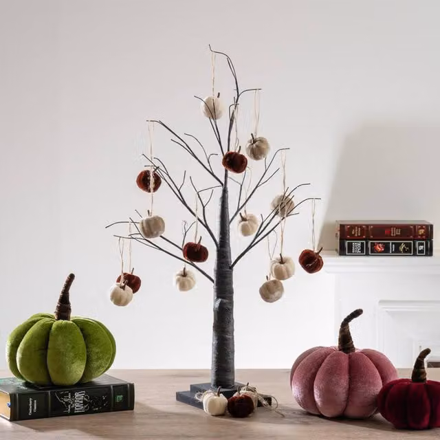 Scottish Everlastings Ltd 24pc Hanging Brown Velvet Pumpkins with Black Twig Tree – 1