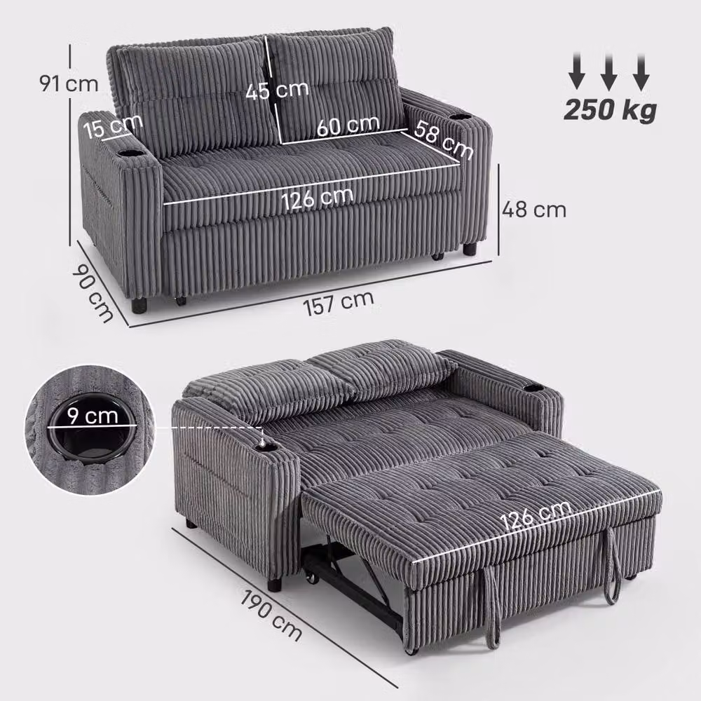 Wyld Haus Noripa 2 Seater Click Clack Sofa Bed in Charcoal Grey Corduroy – 3