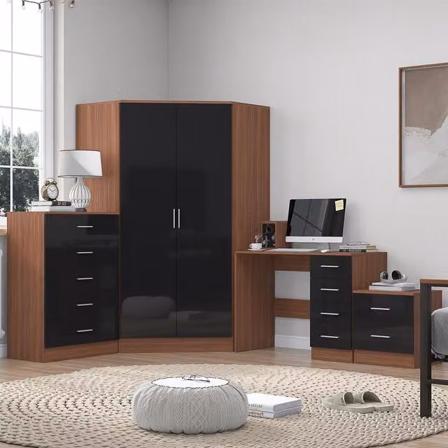 REFLECT Furniture Bundle including Corner Unit, Chest, Bedside Table and Desk in Black Gloss and Matt Walnut