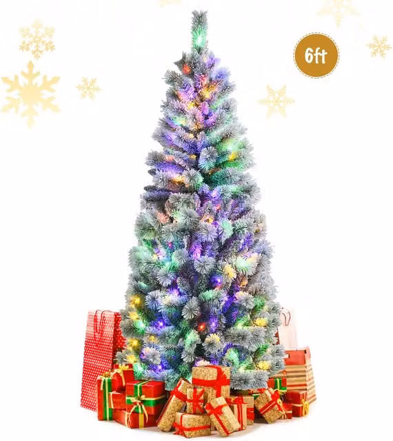 Costway 6ft Illuminated Artificial Christmas Tree in Green with LED Lights and 9 Flash Modes – 1