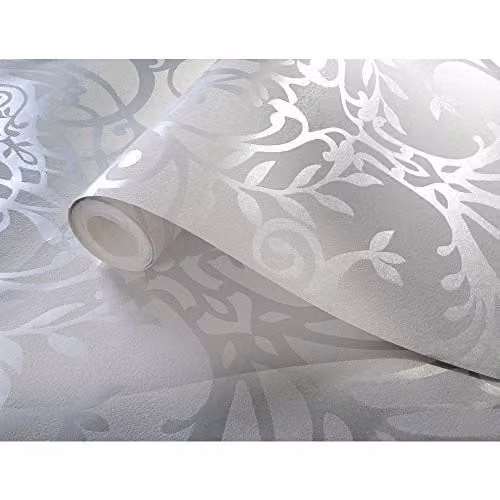 Holden Decor Silver Floral Damask Pattern Metallic Textured Wallpaper