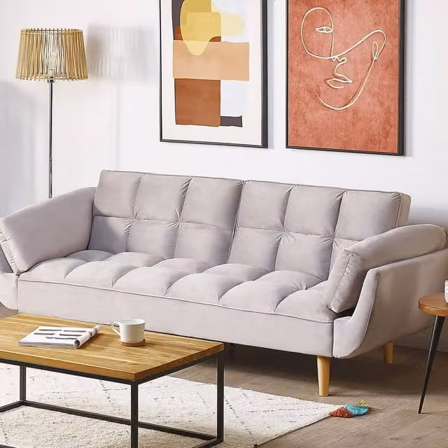 Wyld and Coco 3-Seater Velvet Sofa Bed in Light Grey with Rubberwood Legs – 1