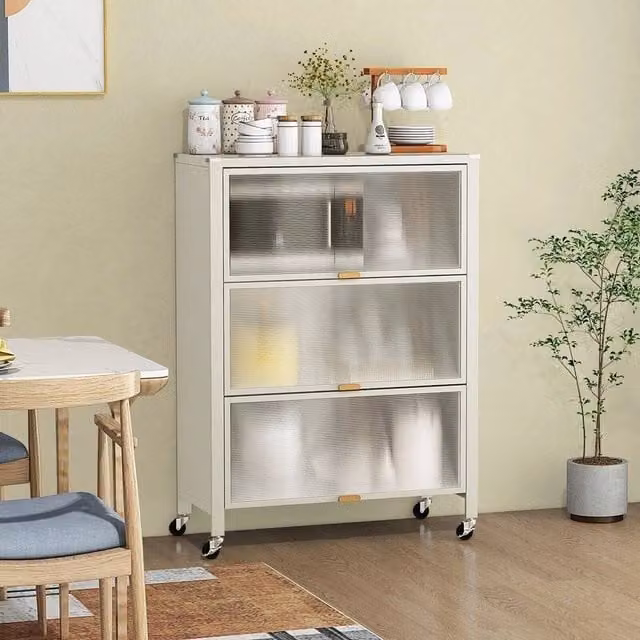 KORVIXA 4-Tier Metal Kitchen Bakers Rack and Microwave Stand with Flip Doors, White, W/D/H: 100 x 100 x 100 cm – 1
