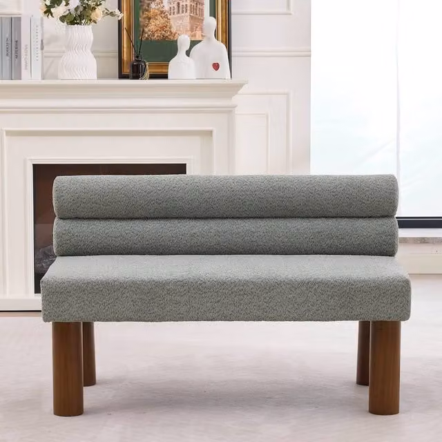 Matteo Upholstered Boucle Accent Bench with Rolled Backrest and Solid Wood Legs in Green – 1
