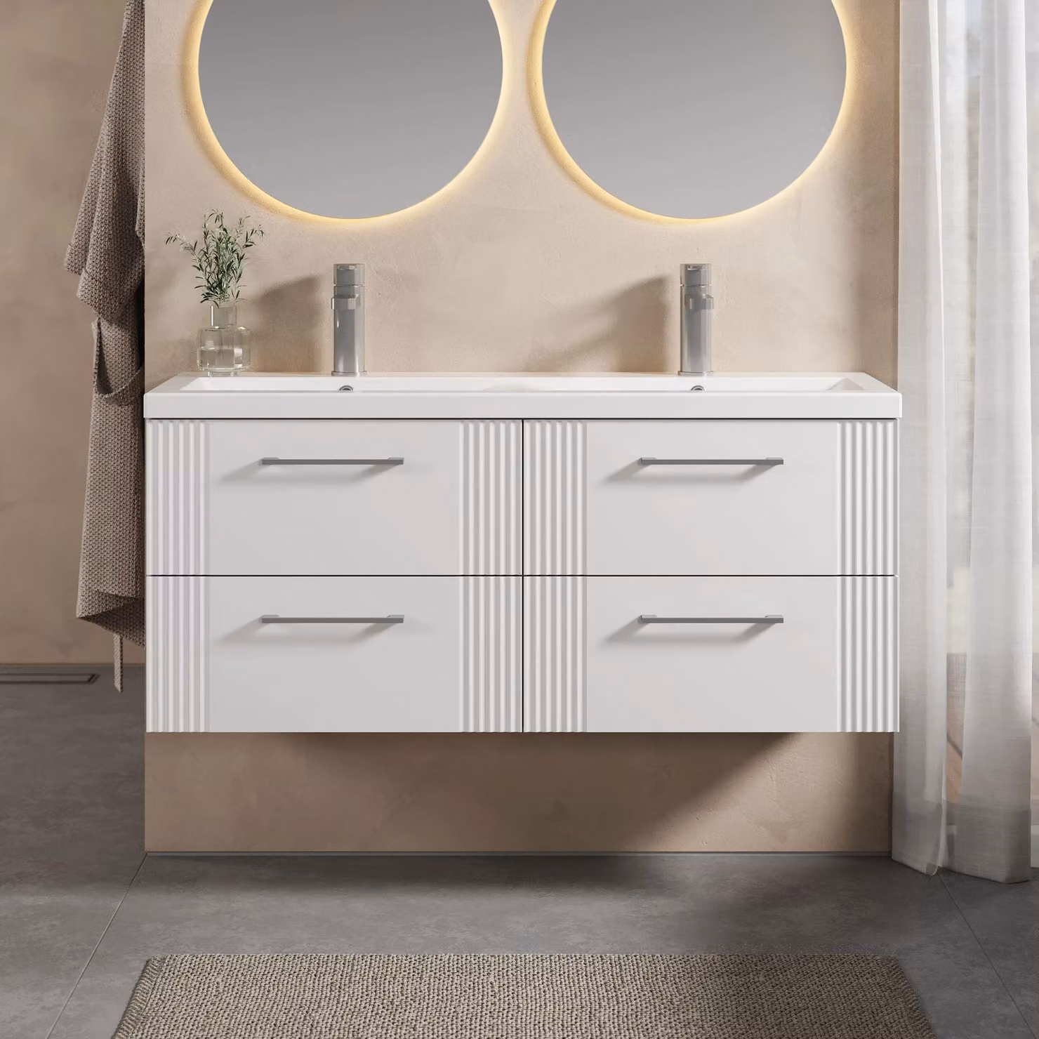 Balterley Wall Hung 4 Drawer Vanity Unit with 2 Ceramic Basins, Satin White, W: 120 cm – 2