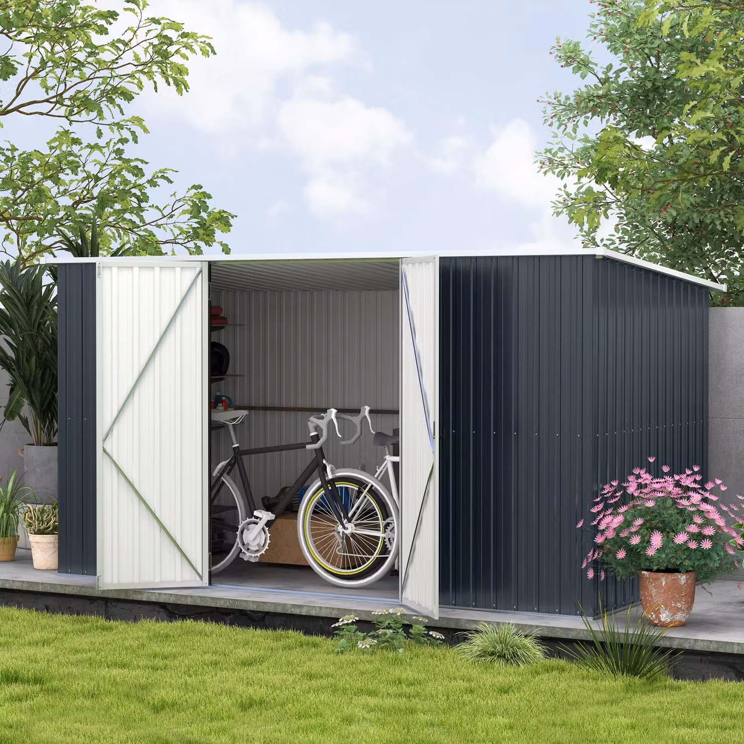 Outsunny Grey Galvanised Steel Pent Garden Storage Shed with Lockable Doors – 2