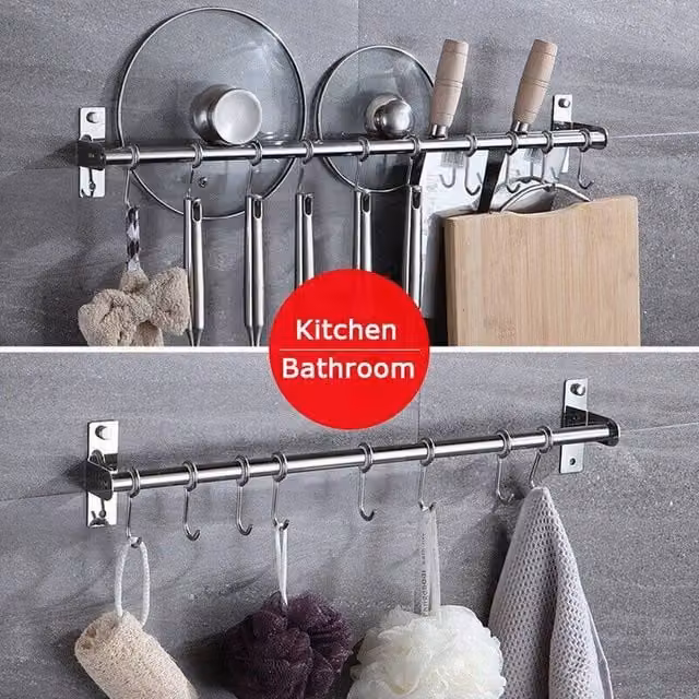 EONLION Wall Mounted Kitchen Utensils Rack with Double Rods and 8 Hooks, Silver, W: 100 cm