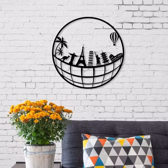 Decortie Modern City Travel Theme Metal Wall Art, Black, 45 x 45 cm