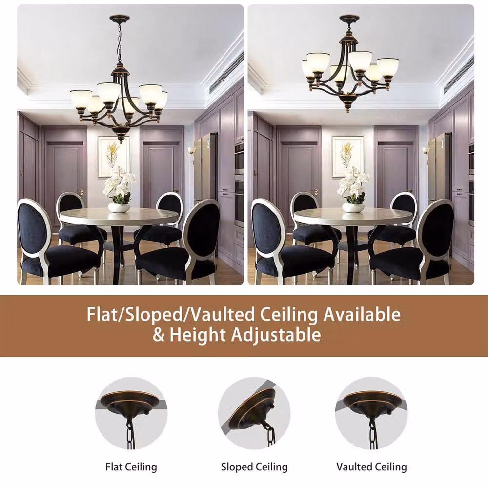 NIVOR Classic 6-Light Bell Pendant Chandelier in Black and Bronze with Gold Frosted Glass and E27 Sockets – 6
