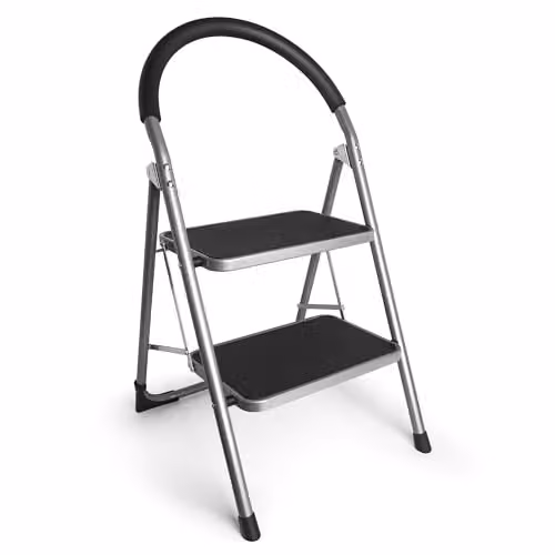 VonHaus 2 Step Steel Ladder in Grey with Anti-Slip Rubber Feet and 150kg Capacity – 1