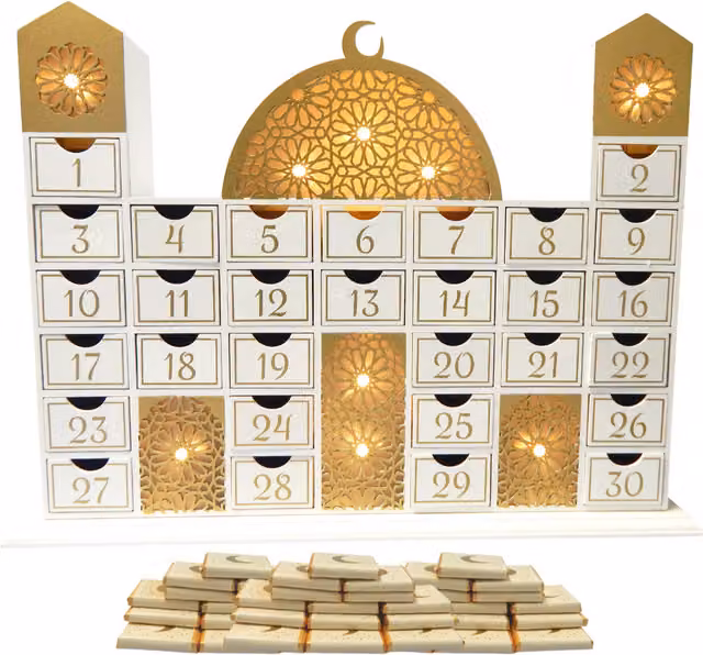 Peacock Supplies Ramadan Mosque Calendar and Cream Chocolates in Gold
