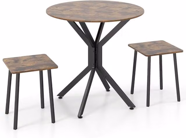 Costway 3-Piece Industrial Round Drop Leaf Dining Table Set in Brown