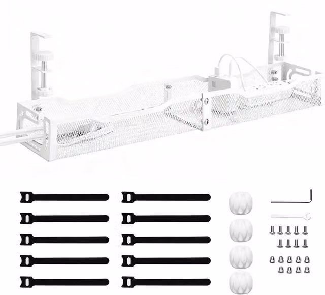 Nordara White Matt Metal No Drill Under Desk Cable Management Tray – 1