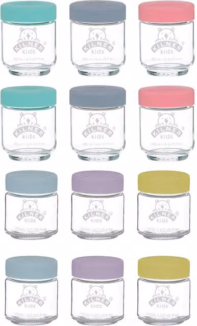 Kilner Set of 12 Kids Glass Jars with Airtight Silicone Lids, Transparent and BPA-Free