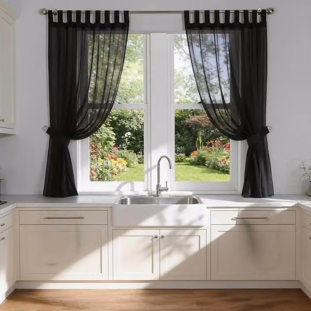 Luxury Living Black Voile Tab Top Curtain Pair with Crystal Tie Backs, Width: 145 cm, Drop: 137 cm