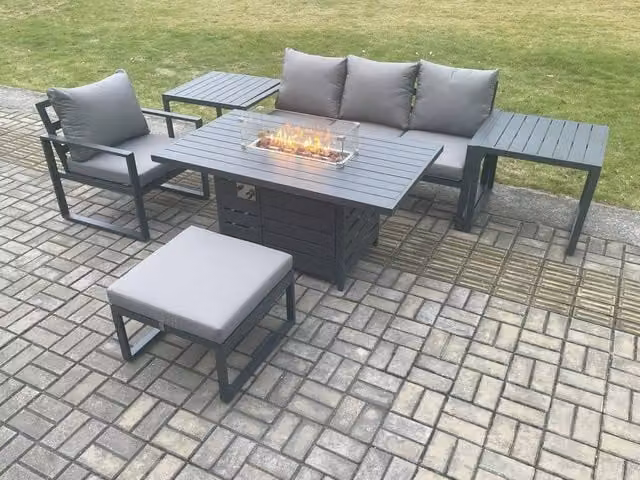 Fimous 6 Piece Aluminium Garden Furniture Set with Cushions, Gas Fire Pit Dining Table, 2 Side Tables and Big Footstool in Dark Grey