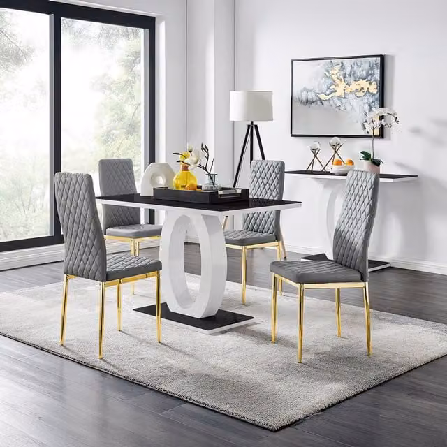 FurnitureboxUK Giovani Black Rectangular Glass Dining Table and Four Grey Faux Leather Chairs with Gold Metal Legs