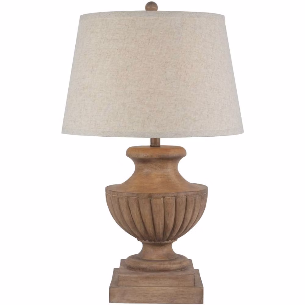 Wyld Haus Castelnau Flute Pedestal Table Lamp with Brown Wood Effect Base and Beige Fabric Shade, H 67 cm x W 45 cm x D 45 cm – 2