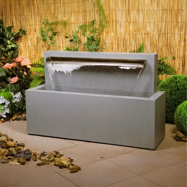 Primrose Modern Rectangular Brushed Stainless Steel Trough Blade Cascade Water Feature in Silver
