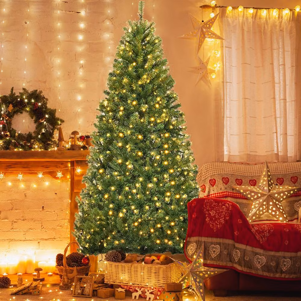 Gymax 180 cm Pre-Lit Artificial Christmas Tree with 350 Multicolour LED Lights in Green – 3