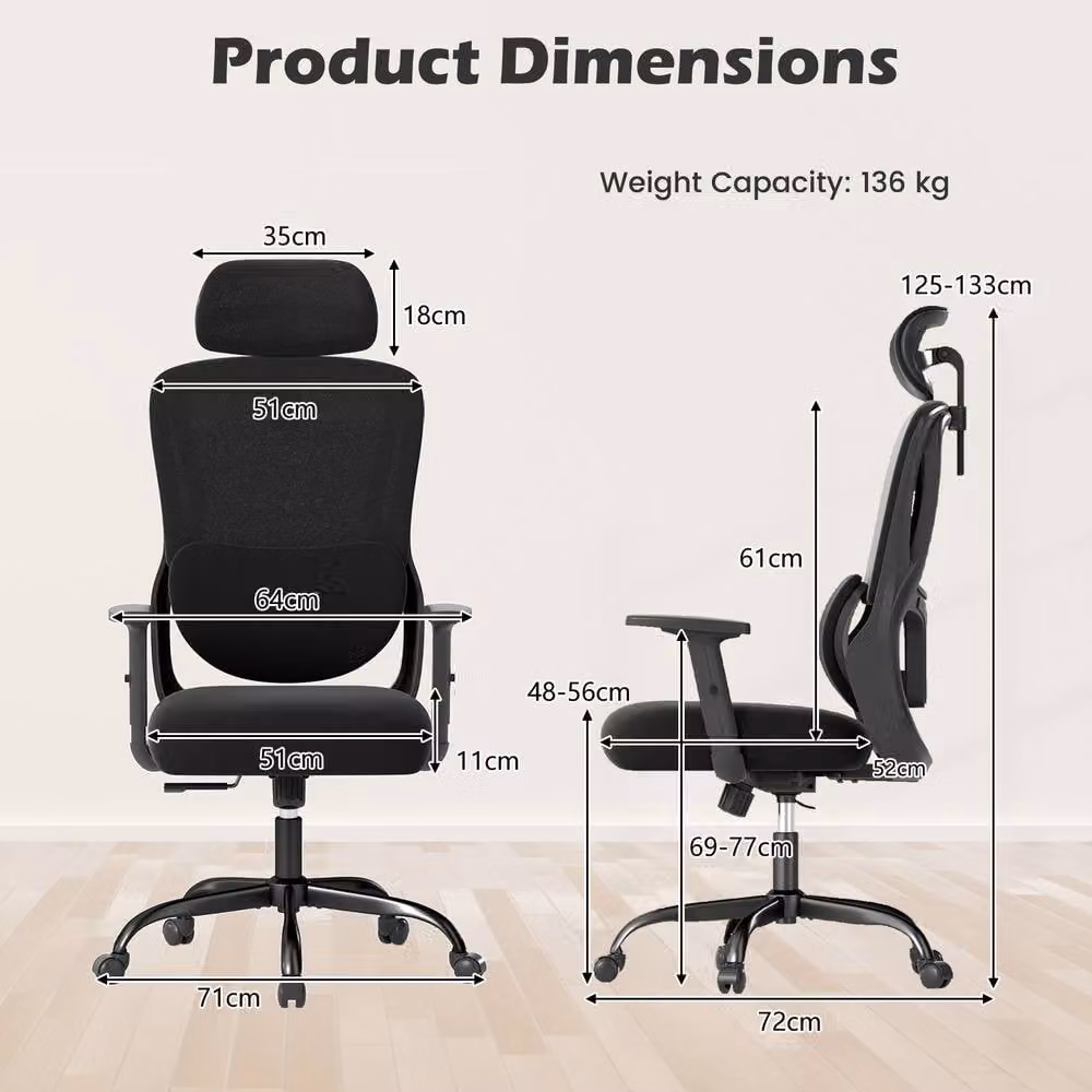 Gymax Ergonomic High Back Office Chair with Headrest, Lumbar Support and Armrests in Black Fabric – 7